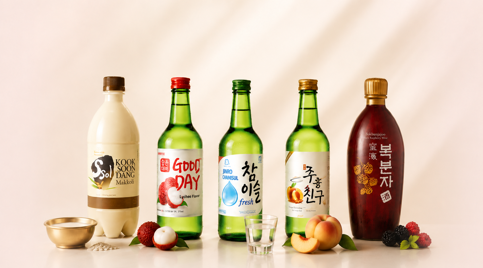 Jinro, Good Day, Good Friends, Kooksoondang and Bohae Korean beverages