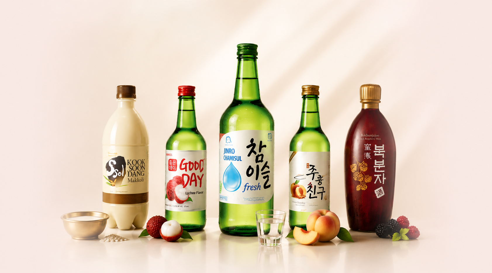 Jinro, Good Day, Good Friends, Kooksoondang and Bohae Korean beverages